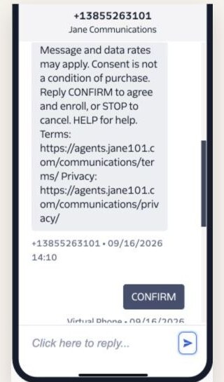 Twilio Virtual Phone conversation showing the disclosure’s rates, consent, STOP, HELP, Terms and Privacy details followed by CONFIRM.