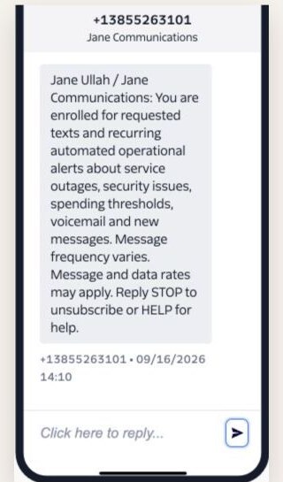 Twilio Virtual Phone conversation showing the Jane Communications enrollment receipt after CONFIRM.
